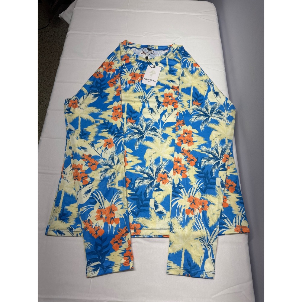Robert Graham Tropical Forest Azure Blue Rash Guard UPF 50+ Long Sleeve Mens M